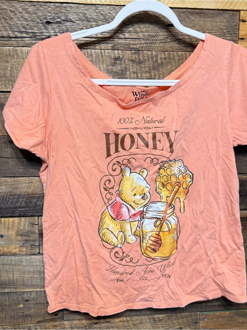 Disney Womens Medium Peach Winnie The Pooh 100% Natural Honey Cotton T Shirt